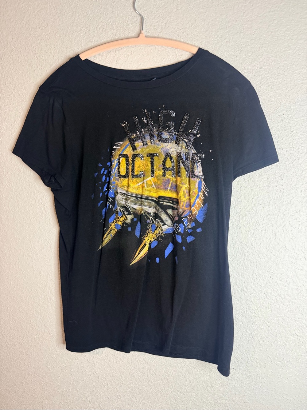 Women’s Guess High Octane Graphic Tee - Black with Yellow & Blue Print